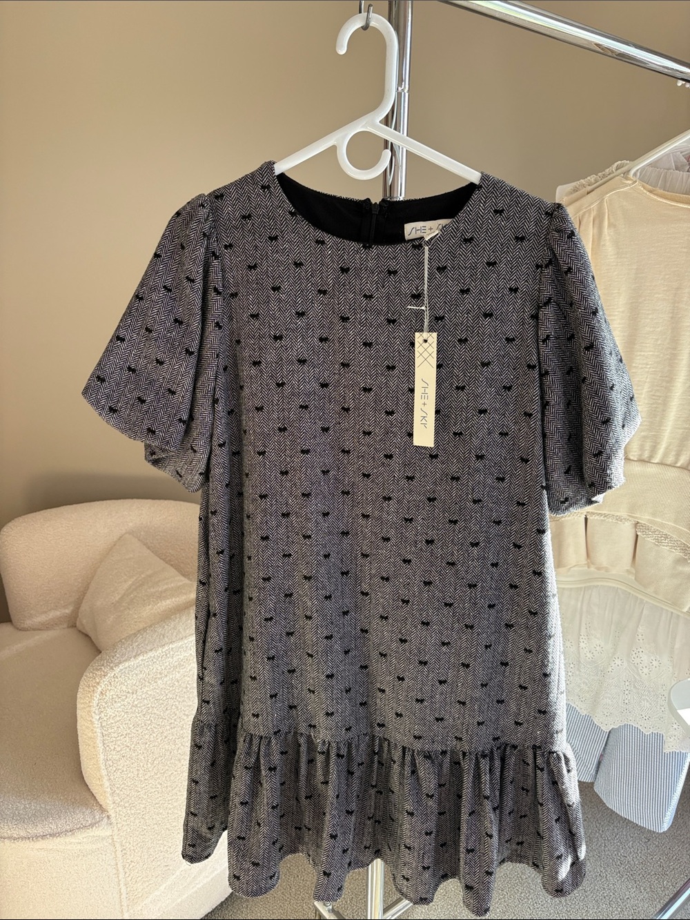 She + Sky Charcoal Bow-Herringbone Mini Dress, Ruffle Hem, Pouf sleeve, Pockets